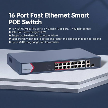 Switch Smart PoE Hikvision DS-3E1518P-EI/M | 16 Puertos | 16 PoE | 2 SFP | Gestión Inteligente | 230W