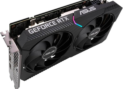 Tarjeta gráfica ASUS RTX 3060 vista trasera con placa metálica reforzada