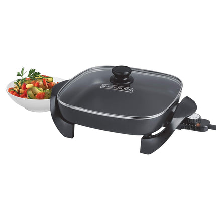 Sartén Eléctrica Black+Decker SK1212B | 12″ x 12″ | 1200 W | Antiadherente | Tapa Vidrio | Control Temperatura Extraíble