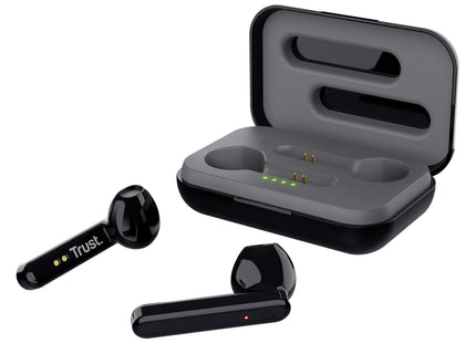 Vista interior audífonos Trust Bluetooth con especificaciones técnicas