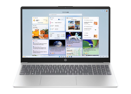 Laptop HP 15-fd0999TX vista frontal con pantalla encendida mostrando diseño elegante
