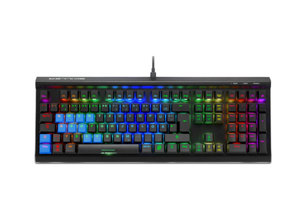 Teclado gaming mecánico Sharkoon SGK60 con iluminación RGB multicolor vista frontal completa