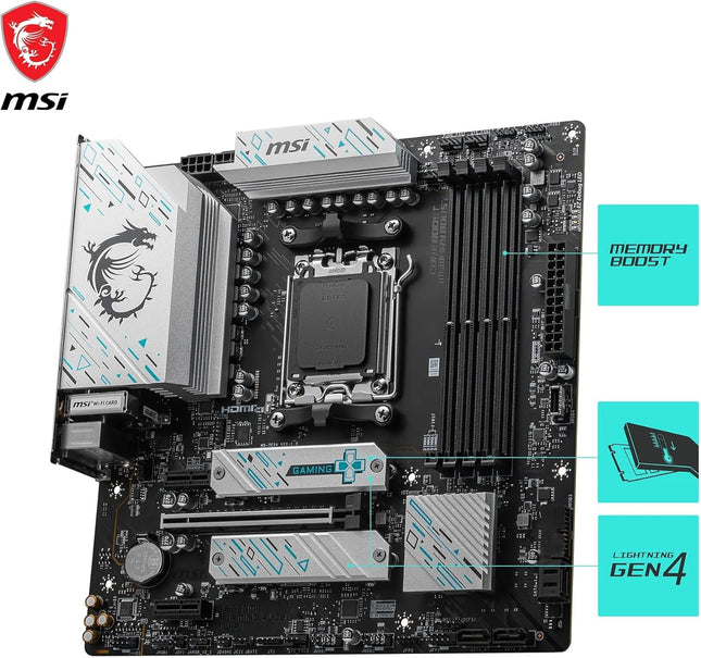 MSI B650M Gaming WiFi vista diagonal mostrando conectores y puertos de expansión mATX