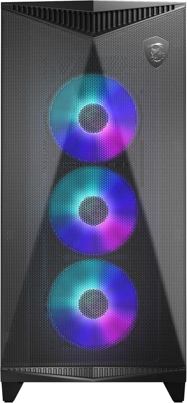 Torre media MSI GUNGNIR 300R vista lateral mostrando panel transparente y iluminación RGB