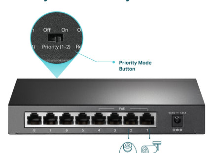 Switch de 8 puertos TP-Link vista de empaque original con accesorios