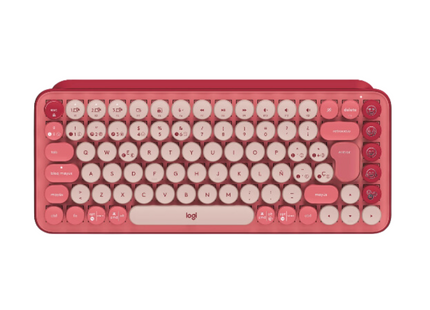Teclado Logitech POP Keys mecánico inalámbrico en colores borgoña y rosa, vista frontal completa