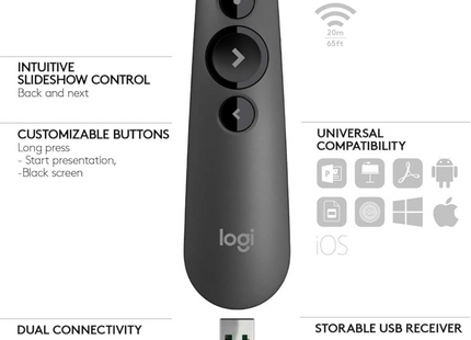 Puntero Logitech R500S vista trasera con compartimento de batería AAA