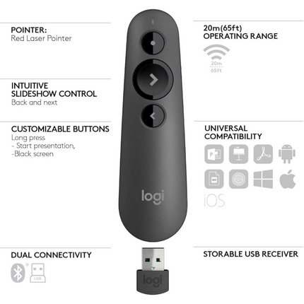 Puntero Logitech Presentador Inalámbrico R500S | Bluetooth | USB | 20m Alcance