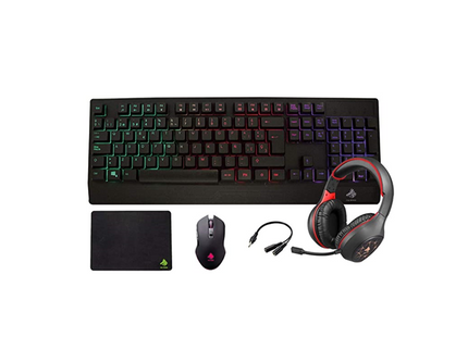 Kit Gaming Eagle Warrior Rhino 4 en 1 completo con teclado retroiluminado, mouse, audífonos y mouse pad sobre fondo blanco
