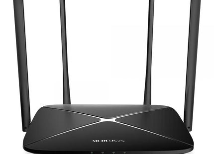 Router Mercusys AC12G vista frontal con antenas ajustables y luces LED indicadoras