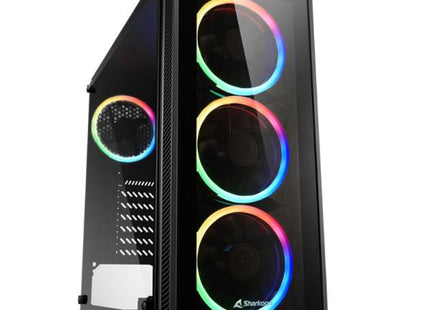Case gaming Sharkoon TG4 RGB vista frontal con ventiladores iluminados y panel de vidrio templado