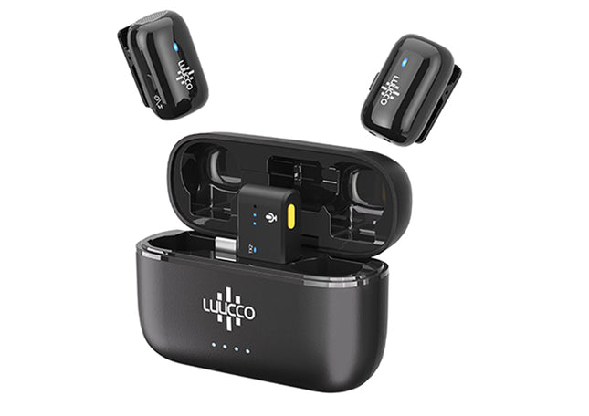 Luucco MiniPods-K2 USB-C negro, transmisores con estuche de carga abierto