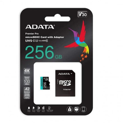 Tarjeta de Memoria ADATA Premier Pro microSDXC | 256GB | Clase 10 UHS-I U3 V30 A2 | Hasta 100/85 MB/s | Con Adaptador SD