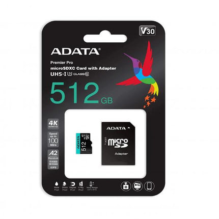 Memoria Micro SDXC ADATA | 512GB | UHS-I U3 V30 A2 | 100MB/s lectura | 4K | Con adaptador SD