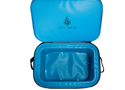 Vista superior de cooler New Wave cerrado con logo y especificaciones