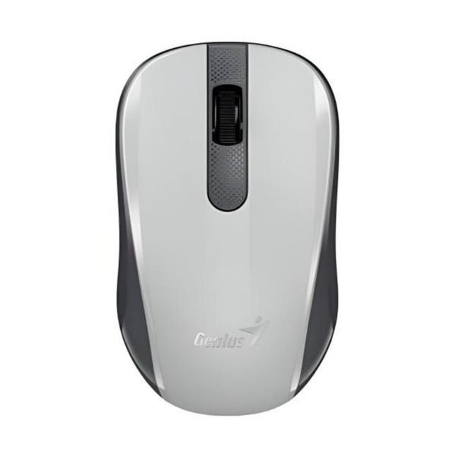Mouse inalámbrico Genius NX-8008S blanco y gris vista frontal con receptor USB