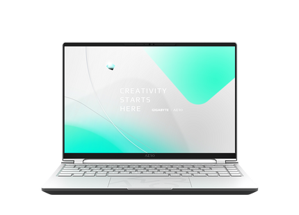 Laptop Gigabyte Aero 14 OLED vista frontal con pantalla encendida mostrando colores vibrantes