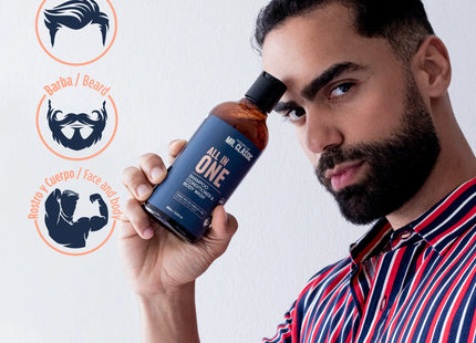 Shampoo All In One Mr. Classic Placent Life | 400ml | Limpieza total para cabello, barba y cuerpo | Ideal para hombres prácticos