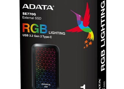 Disco Duro Externo Sólido ADATA SE770G | 1TB | USB 3.2 Gen2 | RGB | Lectura 1000 MB/s | Escritura 800 MB/s | ASE770G-1TU32G2-CBK