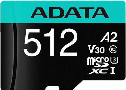 Memoria Micro SDXC ADATA | 512GB | UHS-I U3 V30 A2 | 100MB/s lectura | 4K | Con adaptador SD