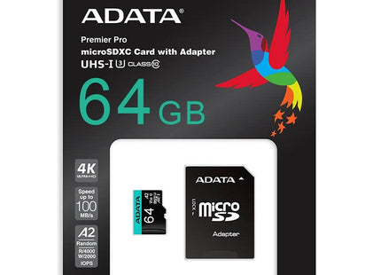 Memoria MicroSDXC ADATA Premier Pro | 64GB | Clase 10 | UHS-I U3 | V30 | A2 | 100/80 MB/s | Con Adaptador SD
