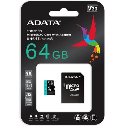 Memoria MicroSDXC ADATA Premier Pro | 64GB | Clase 10 | UHS-I U3 | V30 | A2 | 100/80 MB/s | Con Adaptador SD