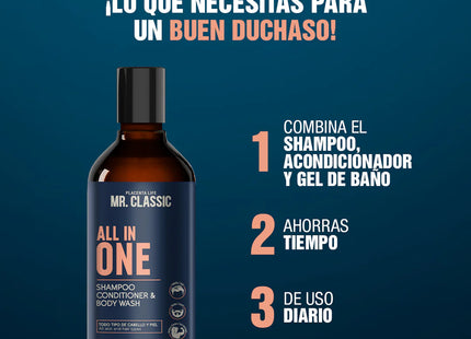 Shampoo All In One Mr. Classic Placent Life | 400ml | Limpieza total para cabello, barba y cuerpo | Ideal para hombres prácticos