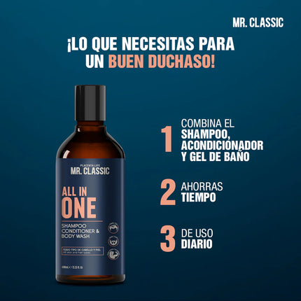 Shampoo All In One Mr. Classic Placent Life | 400ml | Limpieza total para cabello, barba y cuerpo | Ideal para hombres prácticos