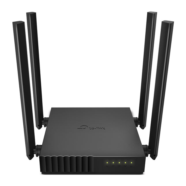 Router TP-Link Archer C50 AC1200 vista frontal con antenas y luces LED