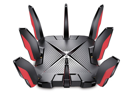 Router TP-Link Archer GX90 gaming vista frontal con luces LED y antenas