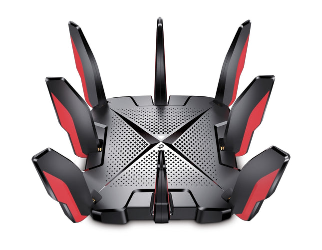 Router TP-Link Archer GX90 gaming vista frontal con luces LED y antenas