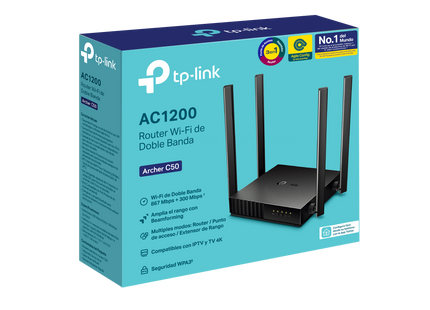 Router TP-Link Archer C50 empaque original con especificaciones técnicas