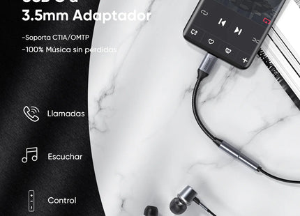 UGREEN Adaptador de Audio USB-C a 3.5 mm Negro, AV142