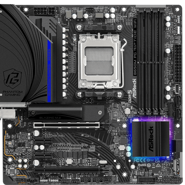 Tarjeta Madre ASRock B650M PG Riptide WiFi | Micro ATX | AM5 | DDR5 hasta 7200+ MHz | WiFi 6E
