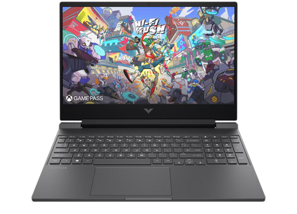 Laptop HP Victus 15-fa2014la vista frontal con pantalla encendida mostrando diseño gaming