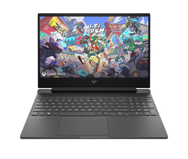 Laptop HP Victus 15-fa2014la vista frontal con pantalla encendida mostrando diseño gaming