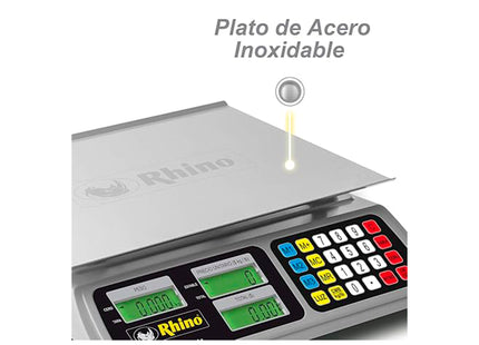 Rhino Báscula Peso-Precio 40 kg con Precisión de 2 g y Batería Recargable, BAR-8