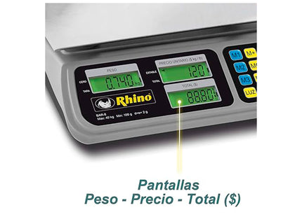 Rhino Báscula Peso-Precio 40 kg con Precisión de 2 g y Batería Recargable, BAR-8