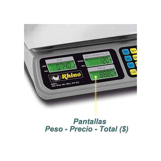 Rhino BAR-8 Báscula Peso-Precio 40 kg con Precisión de 2 g y Batería Recargable