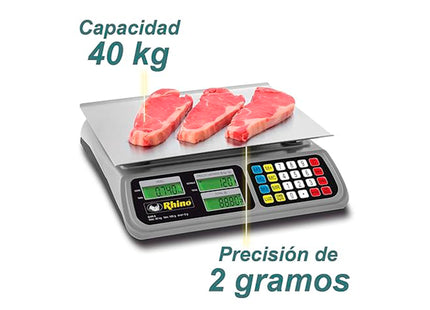 Rhino Báscula Peso-Precio 40 kg con Precisión de 2 g y Batería Recargable, BAR-8