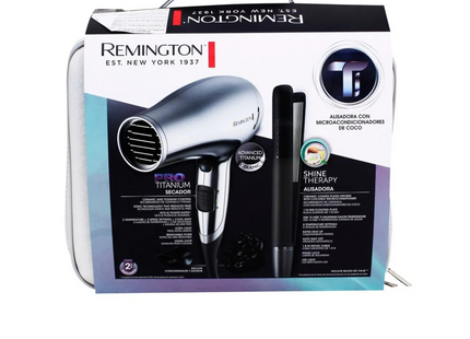 Combo Remington Secadora + Plancha de Cabello Titanium Shine Therph S4A500-D3019-F | Placas Cerámicas Avanzadas | Secadora 1875W | Aire Frío