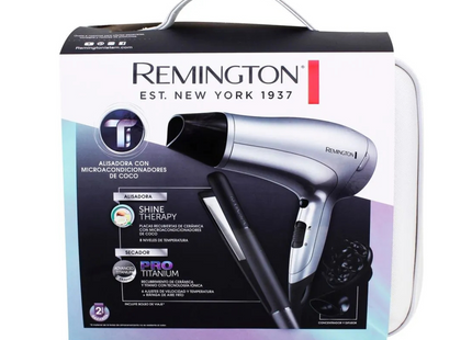 Combo Remington Secadora + Plancha de Cabello Titanium Shine Therph S4A500-D3019-F | Placas Cerámicas Avanzadas | Secadora 1875W | Aire Frío