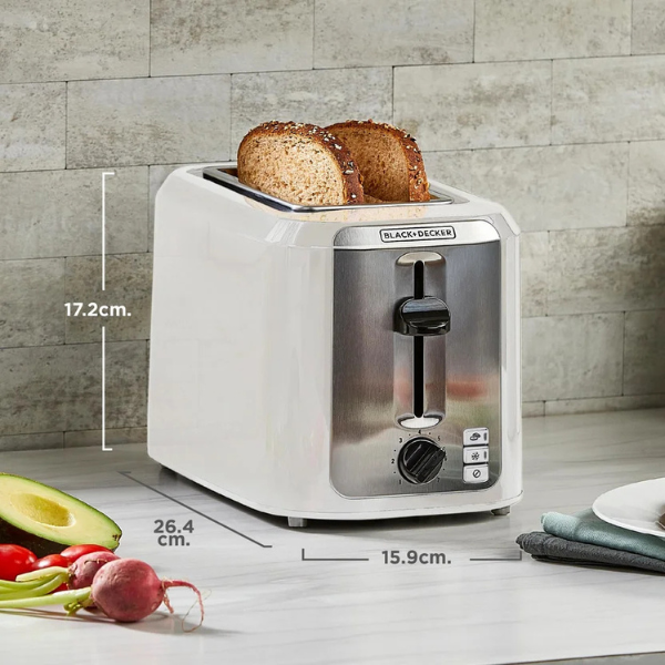 Tostadora Black + Decker TR7827-1WDLA | 2 Rebanadas | 7 Niveles de Tostado | Función Bagel | Función Congelado | Blanca