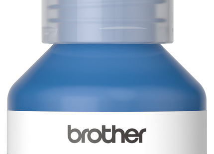 Botella de tinta Brother BTD100C cian original vista frontal con etiqueta del producto