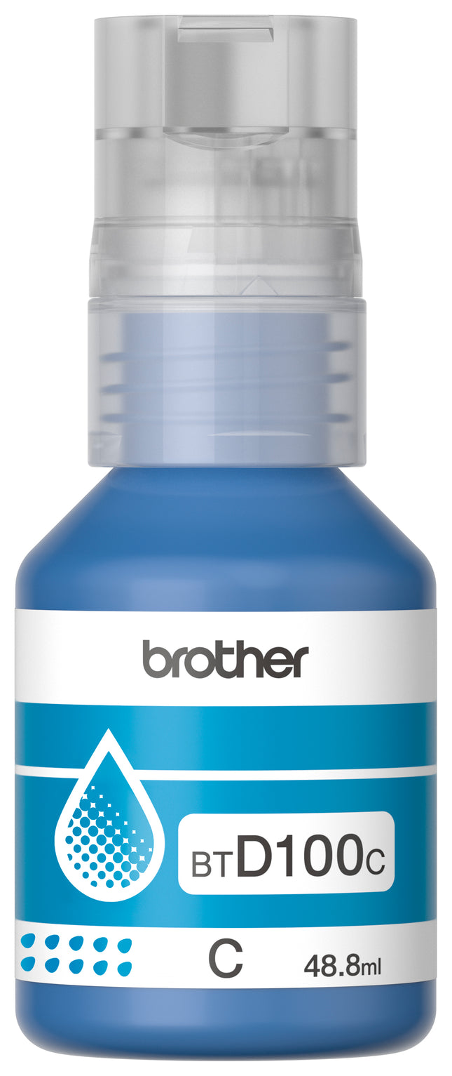 Botella de tinta Brother BTD100C cian original vista frontal con etiqueta del producto