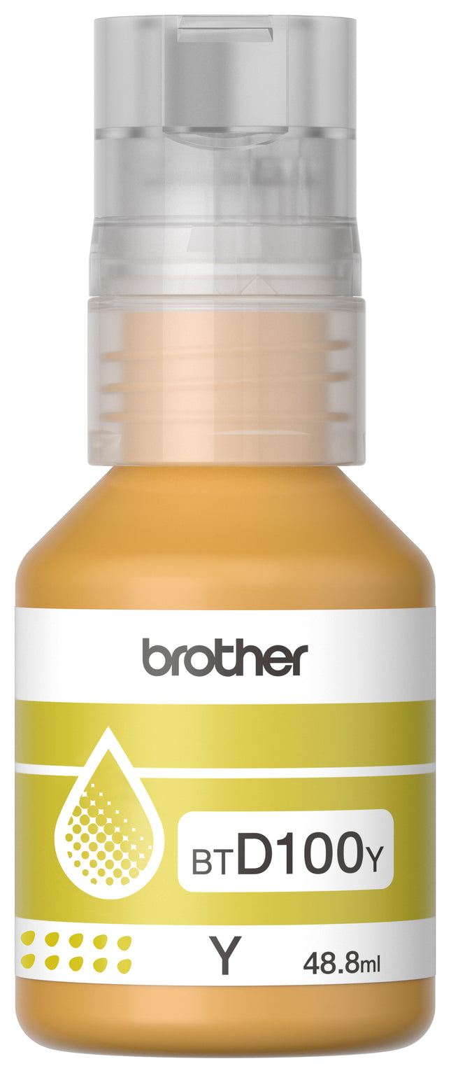 Botella tinta Brother BTD100Y amarillo original vista frontal con etiqueta