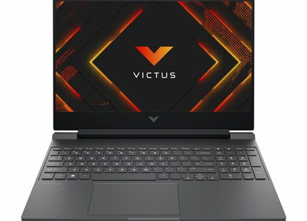 Laptop HP Victus 15-fb3018la vista frontal con pantalla encendida mostrando diseño gaming