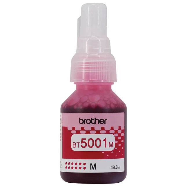 Botella tinta Brother Magenta BT5001M original vista frontal etiqueta