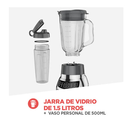 Licuadora Digital Black+Decker BL1300DG‑PLA | 900 W | 3 Velocidades + Pulso + 3 Funciones Automáticas | QuadPro 4 Cuchillas | Jarra Vidrio 1.5 L + Vaso Tritán 500 ml