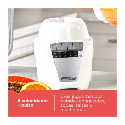 Licuadora Black+Decker BL0876‑3WDLA Ice Crush | 700 W | 8 Velocidades + Pulso | Jarra Vidrio 1.25 L + Plástico 1.65 L | Acero Inoxidable | Blanca